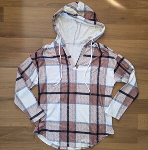 New! Womens Plaid Hooded Long Sleeve Top